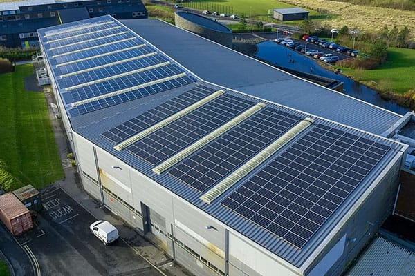 Solar panels on the roof of a factory